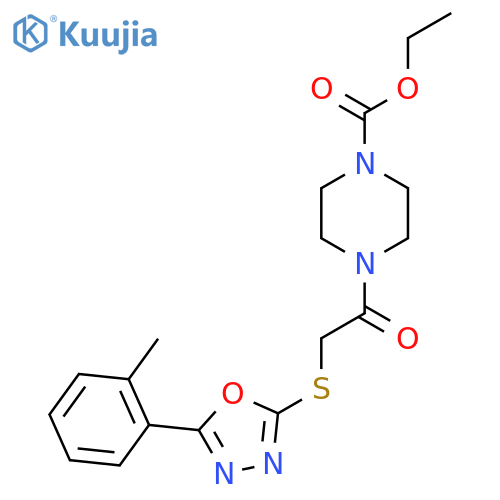 ethyl 4-(2-{5-(2-methylphenyl)-1,3,4-oxadiazol-2-ylsulfanyl}acetyl)piperazine-1-carboxylate structure