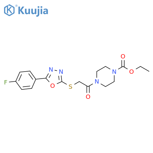 ethyl 4-(2-{5-(4-fluorophenyl)-1,3,4-oxadiazol-2-ylsulfanyl}acetyl)piperazine-1-carboxylate structure