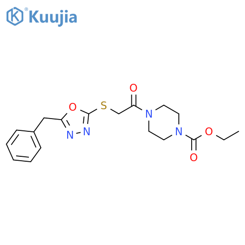 ethyl 4-{2-(5-benzyl-1,3,4-oxadiazol-2-yl)sulfanylacetyl}piperazine-1-carboxylate structure