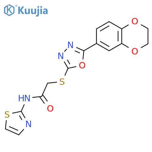 2-{5-(2,3-dihydro-1,4-benzodioxin-6-yl)-1,3,4-oxadiazol-2-ylsulfanyl}-N-(1,3-thiazol-2-yl)acetamide structure