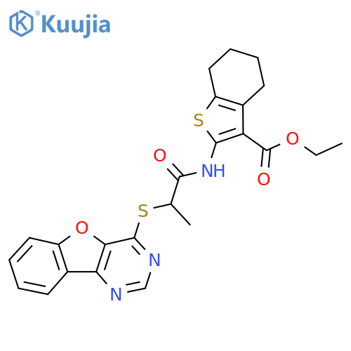 ethyl 2-(2-{8-oxa-3,5-diazatricyclo7.4.0.0^{2,7}trideca-1(9),2(7),3,5,10,12-hexaen-6-ylsulfanyl}propanamido)-4,5,6,7-tetrahydro-1-benzothiophene-3-carboxylate structure