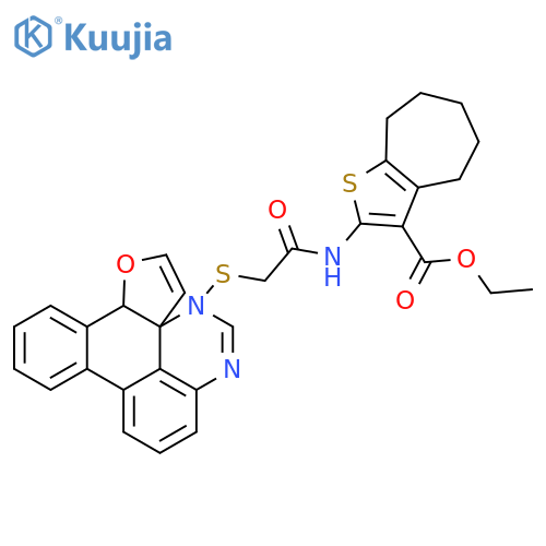 ethyl 2-(2-{8-oxa-3,5-diazatricyclo7.4.0.0^{2,7}trideca-1(9),2(7),3,5,10,12-hexaen-6-ylsulfanyl}acetamido)-4H,5H,6H,7H,8H-cycloheptabthiophene-3-carboxylate structure
