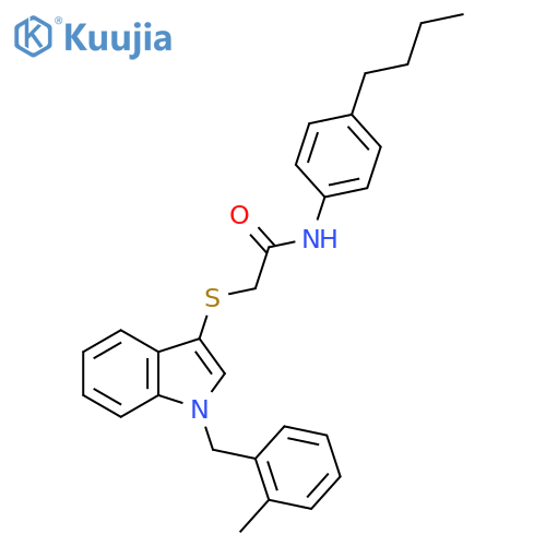 N-(4-butylphenyl)-2-({1-(2-methylphenyl)methyl-1H-indol-3-yl}sulfanyl)acetamide structure