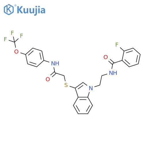 2-fluoro-N-(2-{3-({4-(trifluoromethoxy)phenylcarbamoyl}methyl)sulfanyl-1H-indol-1-yl}ethyl)benzamide structure