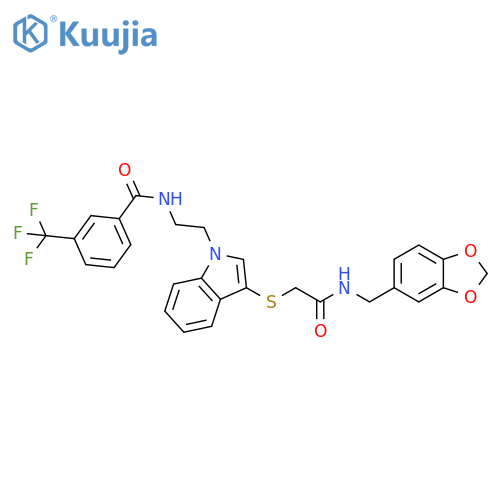 N-(2-{3-({(2H-1,3-benzodioxol-5-yl)methylcarbamoyl}methyl)sulfanyl-1H-indol-1-yl}ethyl)-3-(trifluoromethyl)benzamide structure
