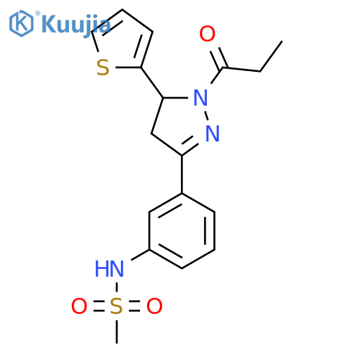 N-{3-1-propanoyl-5-(thiophen-2-yl)-4,5-dihydro-1H-pyrazol-3-ylphenyl}methanesulfonamide structure