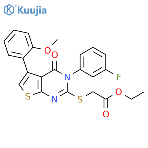 Acetic acid,[[3-(3-fluorophenyl)-3,4-dihydro-5-(2-methoxyphenyl)-4-oxothieno[2,3-d]pyrimidin-2-yl]thio]-, ethyl ester structure