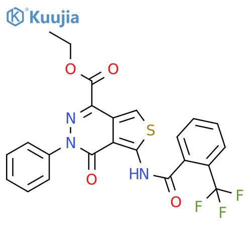 ethyl 4-oxo-3-phenyl-5-2-(trifluoromethyl)benzamido-3H,4H-thieno3,4-dpyridazine-1-carboxylate structure