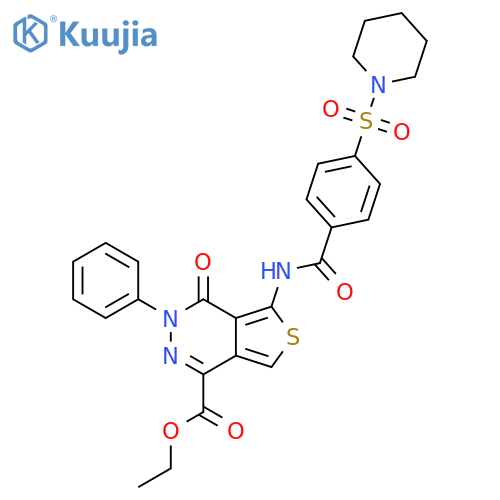 ethyl 4-oxo-3-phenyl-5-4-(piperidine-1-sulfonyl)benzamido-3H,4H-thieno3,4-dpyridazine-1-carboxylate structure
