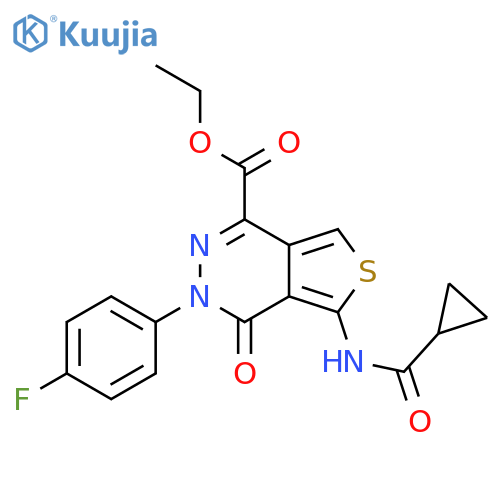 ethyl 5-cyclopropaneamido-3-(4-fluorophenyl)-4-oxo-3H,4H-thieno3,4-dpyridazine-1-carboxylate structure
