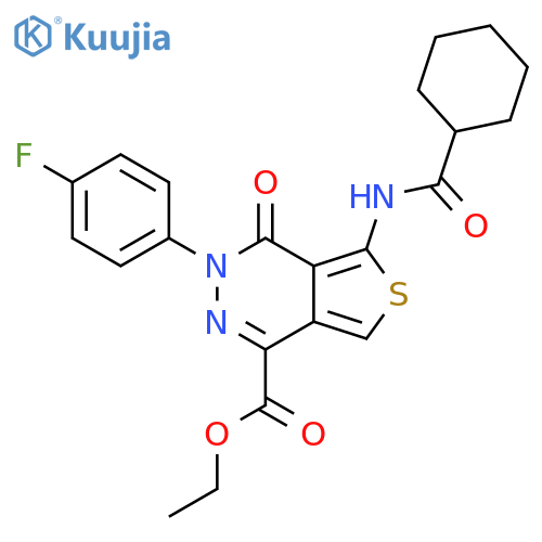 ethyl 5-cyclohexaneamido-3-(4-fluorophenyl)-4-oxo-3H,4H-thieno3,4-dpyridazine-1-carboxylate structure
