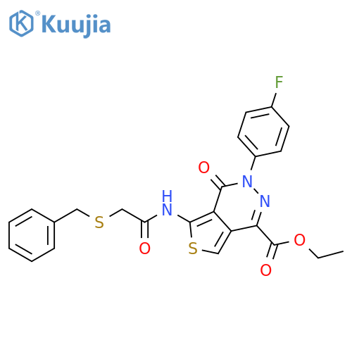 ethyl 5-2-(benzylsulfanyl)acetamido-3-(4-fluorophenyl)-4-oxo-3H,4H-thieno3,4-dpyridazine-1-carboxylate structure
