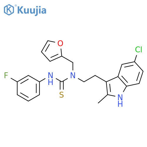 3-2-(5-chloro-2-methyl-1H-indol-3-yl)ethyl-1-(3-fluorophenyl)-3-(furan-2-yl)methylthiourea structure