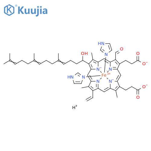 Ferrate(1-),[7-ethenyl-17-formyl-12-(1-hydroxy-5,9,13-trimethyl-4,8,12-tetradecatrienyl)-3,8,13-trimethyl-21H,23H-porphine-2,18-dipropanoato(4-)-N21,N22,N23,N24]bis(1H-imidazole-N3)-,hydrogen, stereoisomer (9CI) structure