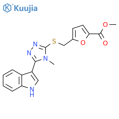 methyl 5-({5-(1H-indol-3-yl)-4-methyl-4H-1,2,4-triazol-3-ylsulfanyl}methyl)furan-2-carboxylate structure