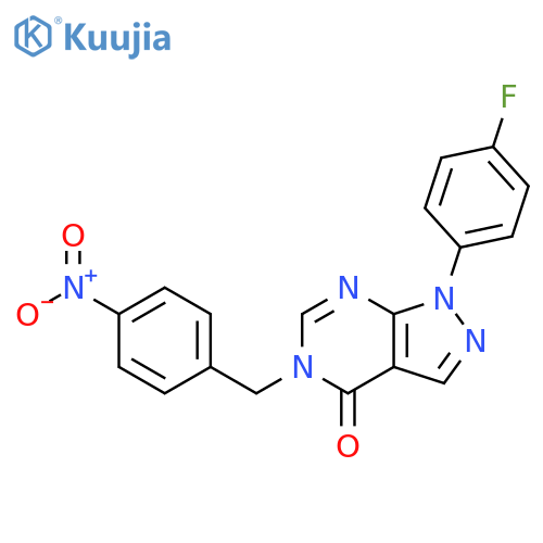 1-(4-fluorophenyl)-5-(4-nitrophenyl)methyl-1H,4H,5H-pyrazolo3,4-dpyrimidin-4-one structure