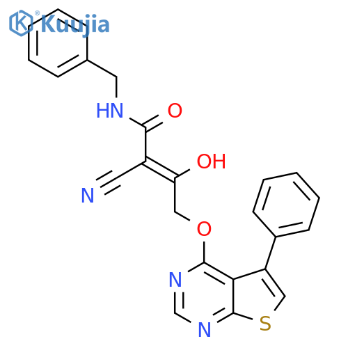 N-benzyl-2-cyano-3-hydroxy-4-({5-phenylthieno[2,3-d]pyrimidin-4-yl}oxy)but-2-enamide structure