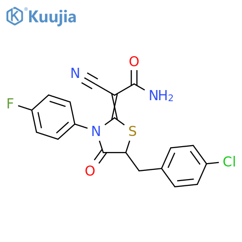 2-(2Z)-5-(4-chlorophenyl)methyl-3-(4-fluorophenyl)-4-oxo-1,3-thiazolidin-2-ylidene-2-cyanoacetamide structure