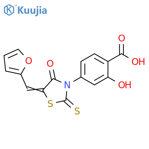 4-(5E)-5-(furan-2-yl)methylidene-4-oxo-2-sulfanylidene-1,3-thiazolidin-3-yl-2-hydroxybenzoic acid structure