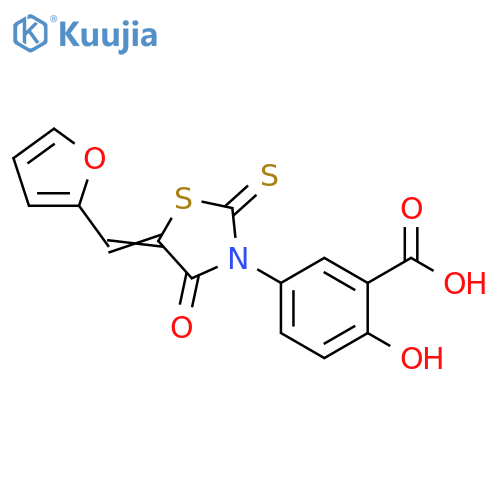 5-(5E)-5-(furan-2-yl)methylidene-4-oxo-2-sulfanylidene-1,3-thiazolidin-3-yl-2-hydroxybenzoic acid structure