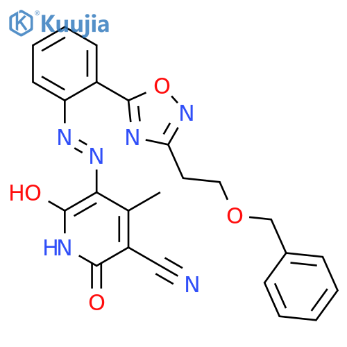 1,2-dihydro-6-hydroxy-4-methyl-2-oxo-5-[[2-[3-[2-(phenylmethoxy)ethyl]-1,2,4-oxadiazol-5-yl]phenyl]azo]nicotinonitrile structure