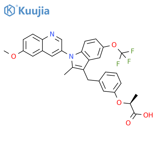 Propanoic acid,2-[3-[[1-(6-methoxy-3-quinolinyl)-2-methyl-5-(trifluoromethoxy)-1H-indol-3-yl]methyl]phenoxy]-, (2S)- structure
