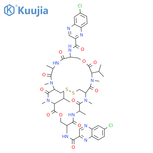 N,N'-[2,4,12,15,17,25-hexamethyl-3,6,10,13,16,19,23,26-octaoxo-11,24-di(propan-2-yl)-9,22-dioxa-28,29-dithia-2,5,12,15,18,25-hexaazabicyclo[12.12.4]triacontane-7,20-diyl]bis(6-chloroquinoxaline-2-carboxamide) structure