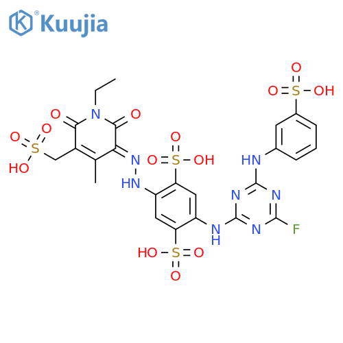 1,4-Benzenedisulfonicacid,2-[2-[1-ethyl-1,6-dihydro-2-hydroxy-4-methyl-6-oxo-5-(sulfomethyl)-3-pyridinyl]diazenyl]-5-[[4-fluoro-6-[(3-sulfophenyl)amino]-1,3,5-triazin-2-yl]amino]- structure