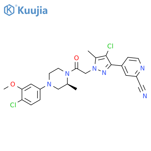 Piperazine,1-[[4-chloro-3-(2-cyano-4-pyridinyl)-5-methyl-1H-pyrazol-1-yl]acetyl]-4-(4-chloro-3-methoxyphenyl)-2-methyl-, (2S)- structure