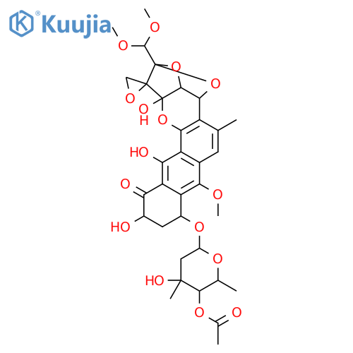 2-(dimethoxymethyl)-10,12,13a-trihydroxy-7-methoxy-5-methyl-11-oxo-3a,8,9,10,11,13a-hexahydro-4H-spiro[2,4-epoxyfuro[3,2-b]naphtho[2,3-h]chromene-1,2'-oxiran]-8-yl 4-O-acetyl-2,6-dideoxy-3-C-methylhexopyranoside structure