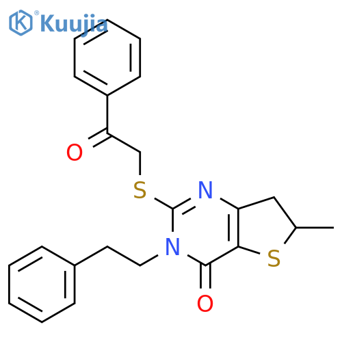 6-methyl-2-(2-oxo-2-phenylethyl)sulfanyl-3-(2-phenylethyl)-3H,4H,6H,7H-thieno3,2-dpyrimidin-4-one structure