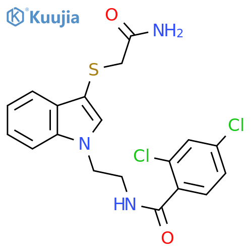 N-(2-{3-(carbamoylmethyl)sulfanyl-1H-indol-1-yl}ethyl)-2,4-dichlorobenzamide structure