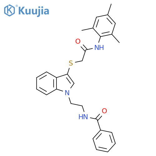N-{2-3-({(2,4,6-trimethylphenyl)carbamoylmethyl}sulfanyl)-1H-indol-1-ylethyl}benzamide structure