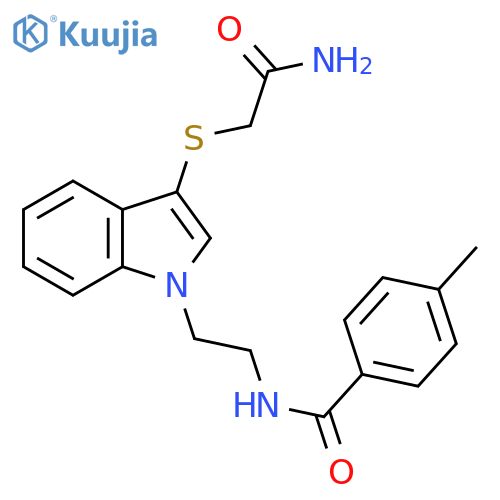 N-(2-{3-(carbamoylmethyl)sulfanyl-1H-indol-1-yl}ethyl)-4-methylbenzamide structure