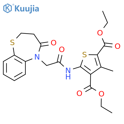 2,4-diethyl 3-methyl-5-2-(4-oxo-2,3,4,5-tetrahydro-1,5-benzothiazepin-5-yl)acetamidothiophene-2,4-dicarboxylate structure