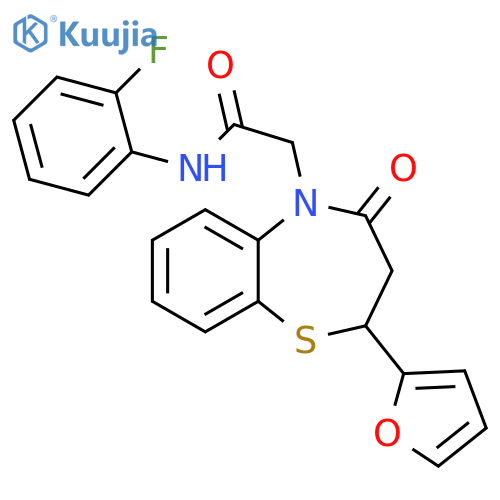 N-(2-fluorophenyl)-2-2-(furan-2-yl)-4-oxo-2,3,4,5-tetrahydro-1,5-benzothiazepin-5-ylacetamide structure