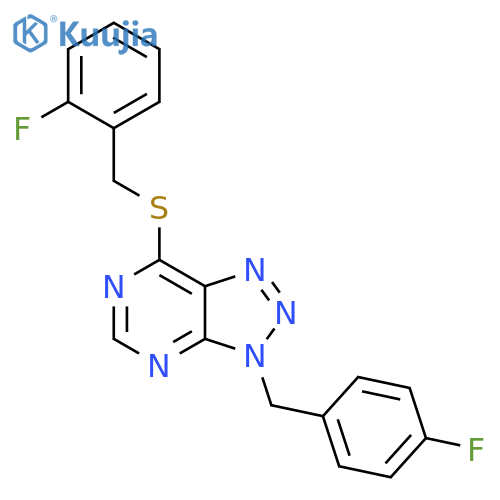 3-(4-fluorophenyl)methyl-7-{(2-fluorophenyl)methylsulfanyl}-3H-1,2,3triazolo4,5-dpyrimidine structure
