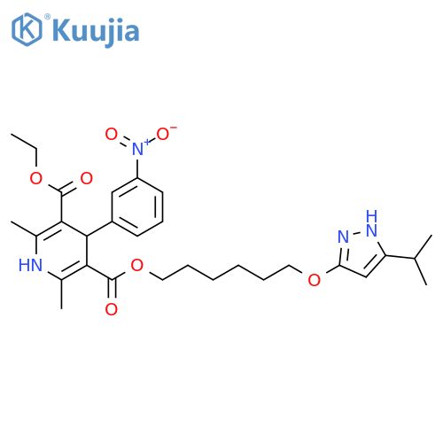 3,5-Pyridinedicarboxylic acid, 1,4-dihydro-2,6-dimethyl-4-(3-nitrophenyl)-, 3-ethyl 5-[6-[[5-(1-methylethyl)-1H-pyrazol-3-yl]oxy]hexyl] ester structure