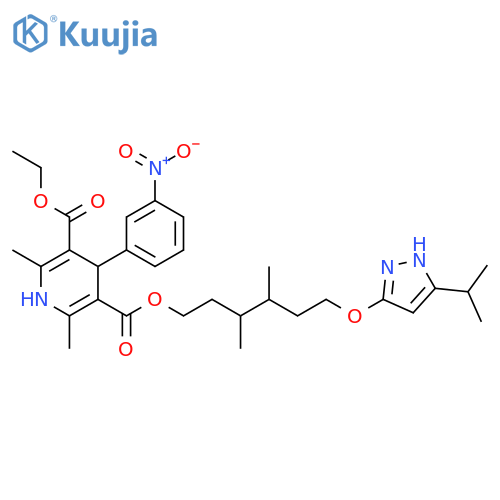 3,5-Pyridinedicarboxylic acid, 1,4-dihydro-2,6-dimethyl-4-(3-nitrophenyl)-, 3-[3,4-dimethyl-6-[[5-(1-methylethyl)-1H-pyrazol-3-yl]oxy]hexyl] 5-ethyl ester structure
