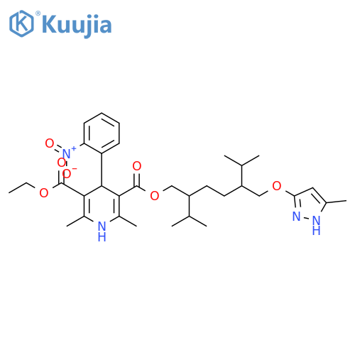 3,5-Pyridinedicarboxylic acid, 1,4-dihydro-2,6-dimethyl-4-(2-nitrophenyl)-, 3-ethyl 5-[6-methyl-2-(1-methylethyl)-5-[[(5-methyl-1H-pyrazol-3-yl)oxy]methyl]heptyl] ester structure