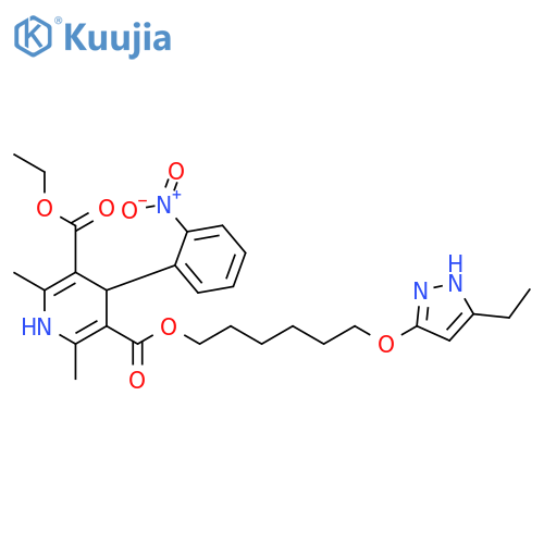 3,5-Pyridinedicarboxylic acid, 1,4-dihydro-2,6-dimethyl-4-(2-nitrophenyl)-, 3-ethyl 5-[6-[(5-ethyl-1H-pyrazol-3-yl)oxy]hexyl] ester structure