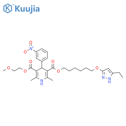 3,5-Pyridinedicarboxylic acid, 1,4-dihydro-2,6-dimethyl-4-(3-nitrophenyl)-, 3-[6-[(5-ethyl-1H-pyrazol-3-yl)oxy]hexyl] 5-(2-methoxyethyl) ester structure