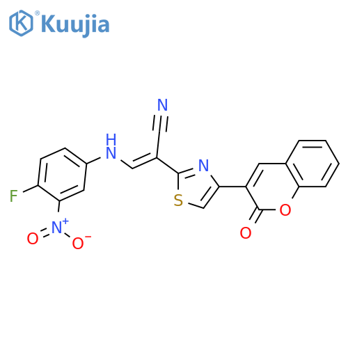 (2E)-3-(4-fluoro-3-nitrophenyl)amino-2-4-(2-oxo-2H-chromen-3-yl)-1,3-thiazol-2-ylprop-2-enenitrile structure