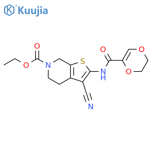 ethyl 3-cyano-2-(5,6-dihydro-1,4-dioxine-2-amido)-4H,5H,6H,7H-thieno2,3-cpyridine-6-carboxylate structure