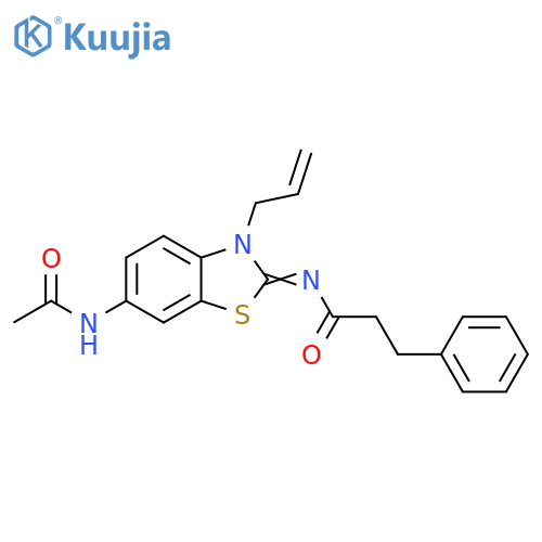 N-(2Z)-6-acetamido-3-(prop-2-en-1-yl)-2,3-dihydro-1,3-benzothiazol-2-ylidene-3-phenylpropanamide structure