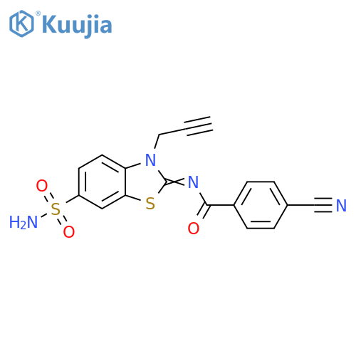 4-cyano-N-(2Z)-3-(prop-2-yn-1-yl)-6-sulfamoyl-2,3-dihydro-1,3-benzothiazol-2-ylidenebenzamide structure