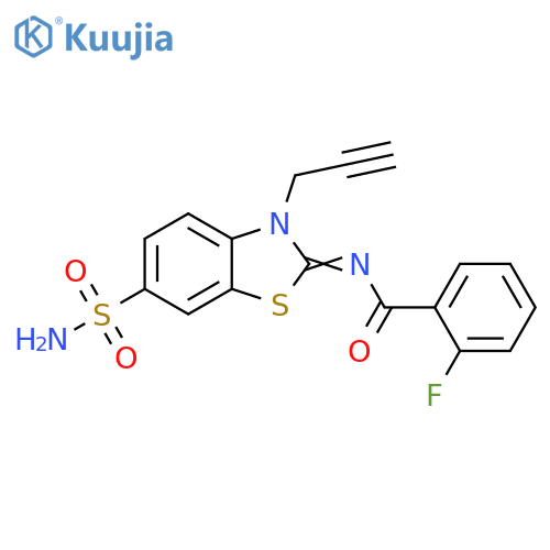 2-fluoro-N-(2Z)-3-(prop-2-yn-1-yl)-6-sulfamoyl-2,3-dihydro-1,3-benzothiazol-2-ylidenebenzamide structure