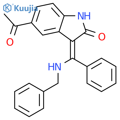 2H-Indol-2-one,5-acetyl-1,3-dihydro-3-[phenyl[(phenylmethyl)amino]methylene]- structure
