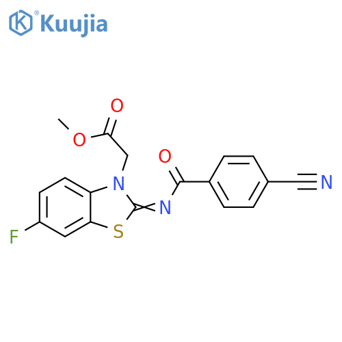 methyl 2-(2Z)-2-(4-cyanobenzoyl)imino-6-fluoro-2,3-dihydro-1,3-benzothiazol-3-ylacetate structure