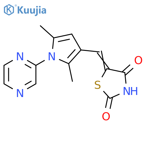 (5Z)-5-{[2,5-dimethyl-1-(pyrazin-2-yl)-1H-pyrrol-3-yl]methylidene}-1,3-thiazolidine-2,4-dione structure